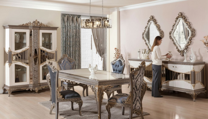 Lujoso juego de comedor blanco, muebles de comedor, mesa, sillas, espejo.