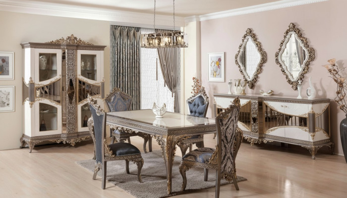 Lujoso juego de comedor blanco, muebles de comedor, mesa, sillas, espejo.