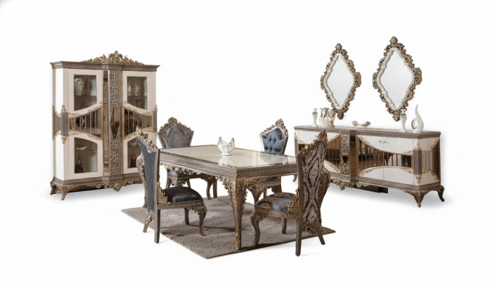 Lujoso juego de comedor blanco, muebles de comedor, mesa, sillas, espejo.