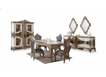 Lujoso juego de comedor blanco, muebles de comedor, mesa, sillas, espejo.