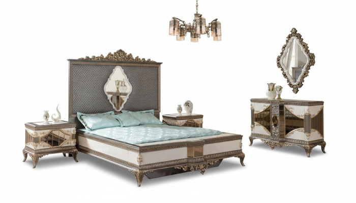 Conjunto de dormitorio clásico de alta calidad con cama doble, cómoda y sofá.