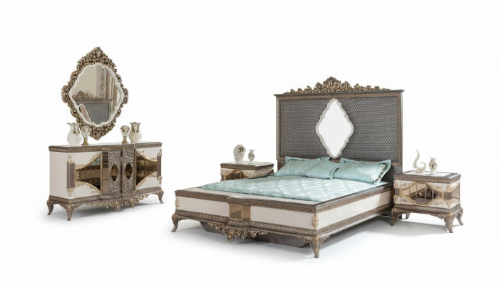 Clásico juego de dormitorio gris de lujo con cama doble y 2 mesitas de noche.