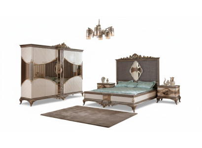 Blanco-dorado juego de dormitorio con cama doble, 2 mesitas de noche y armario.