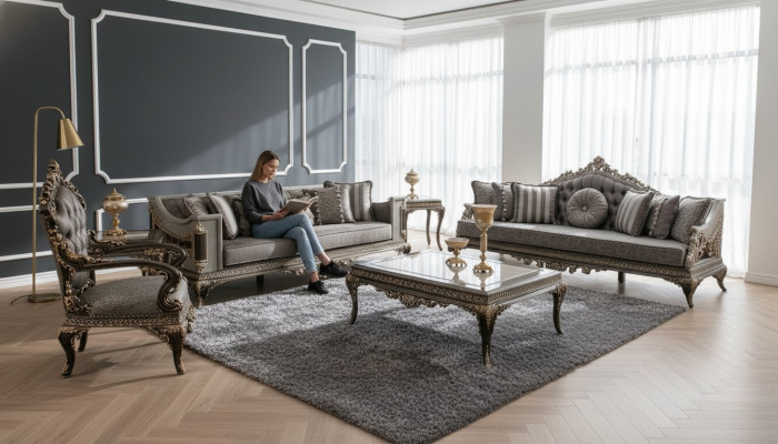 Clásico juego de sofá gris Chesterfield 3+3+1 asientos con mesa de centro de 4 piezas.