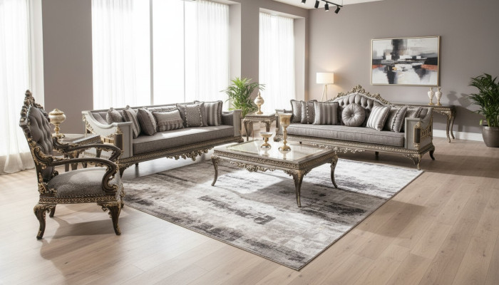 Clásico juego de sofá gris Chesterfield 3+3+1 asientos con mesa de centro de 4 piezas.