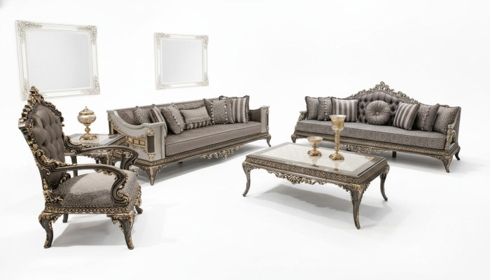 Clásico juego de sofá gris Chesterfield 3+3+1 asientos con mesa de centro de 4 piezas.