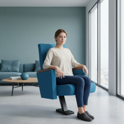 Silla de cine, silla de teatro tapizada con reposapiés fijo y respaldo reclinable.