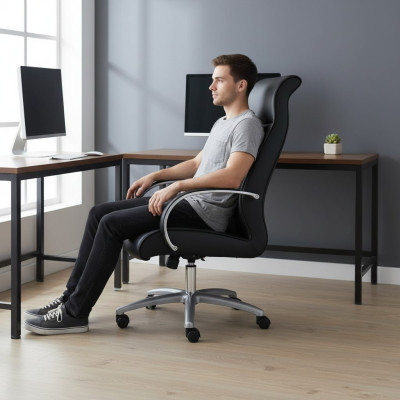 Sillas de ordenador negras Silla ejecutiva Sillón de cuero artificial Acolchado Silla de oficina Giratoria