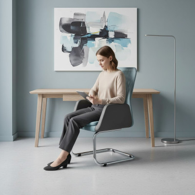 Silla de oficina azul moderna, elegante y acolchada.