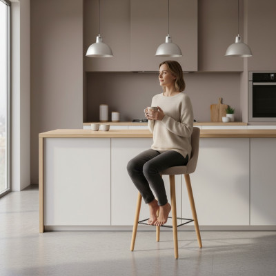 Taburete de bar moderno, silla de diseñador de madera, taburete de comedor, taburete de bar beige nuevo.