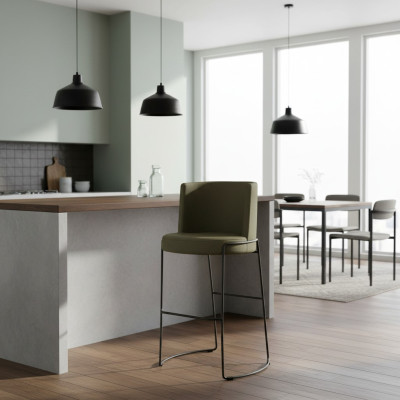 Taburete de bar moderno, silla de diseñador de tela para comedor, taburete de bar verde nuevo.