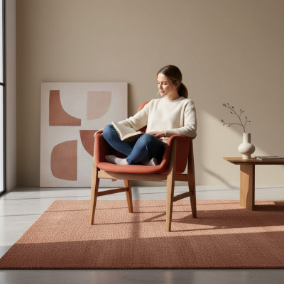 Moderno sillón de tela tapizada de diseño color marrón-rojo para una persona.