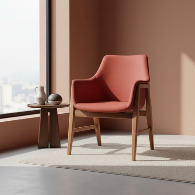 Moderno sillón de tela tapizada de diseño color marrón-rojo para una persona.