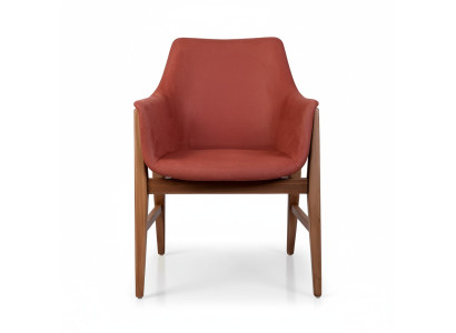 Moderno sillón de tela tapizada de diseño color marrón-rojo para una persona.