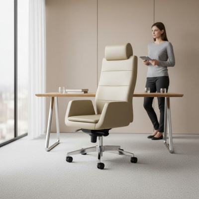 Silla de oficina beige, silla giratoria de lujo, silla de jefe, muebles de oficina, sillón.
