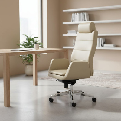 Silla de oficina beige, silla giratoria de lujo, silla de jefe, muebles de oficina, sillón.