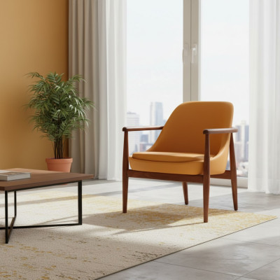 Silla de cojín naranja de diseñador de comedor de madera de una sola plaza