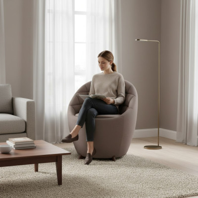 Sillón tapizado marrón para sala de estar de diseñador, asiento individual con marco de madera.