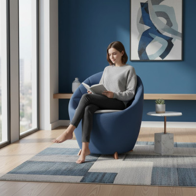 Sillón redondo azul, diseñador tapizado individual, salón de 1 plaza