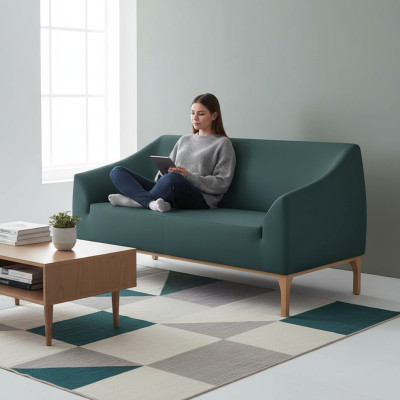 Sofá verde de diseñador de 3 plazas, muebles tapizados de alta calidad en tela.
