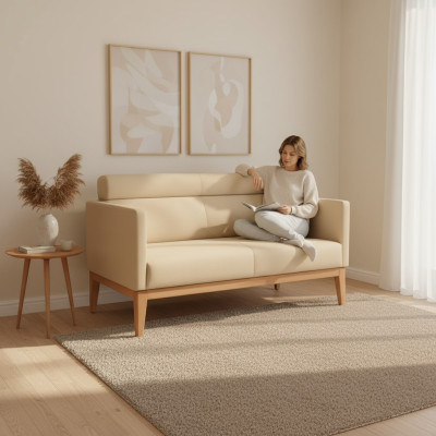 Sofá de oficina beige de diseñador de 2 plazas, sofá tapizado de cuero artificial de lujo