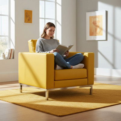 Sillón amarillo moderno para sala de estar, silla de relax de cuero sintético de una plaza.