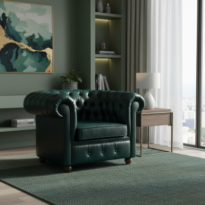 Sillón Chesterfield verde oscuro para sala de estar, sala de estar, televisión, para una sola persona.