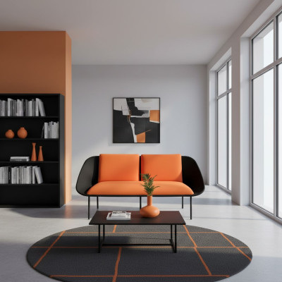 Negro-naranja sofá de dos plazas para estudio, acolchado, moderno, de tela.