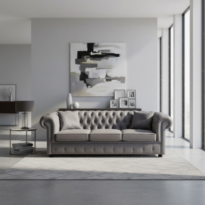 Chesterfield sofá de lujo de tres plazas en gris - Sofá de diseñador para sala de estar.
