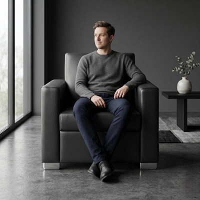 Sillón de cuero negro, tapizado por diseñador, de una plaza, para sala de estar, asiento de relax.