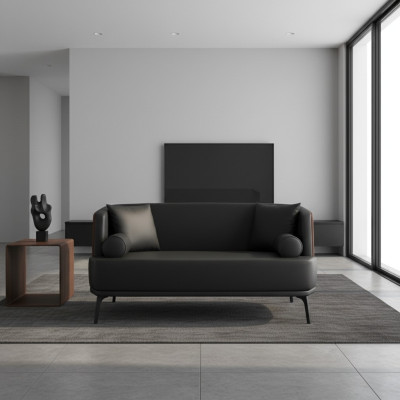 Sofá de dos plazas de salón negro de cuero artificial acolchado.