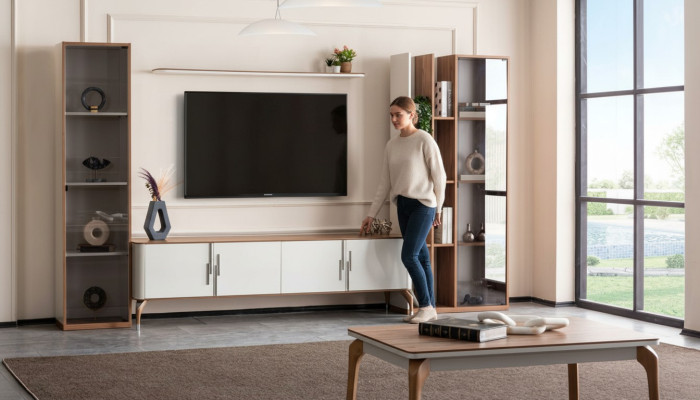 Pared de sala de estar con soporte para TV, estantería de diseño de lujo, conjunto de 4 piezas, muebles modernos nuevos.