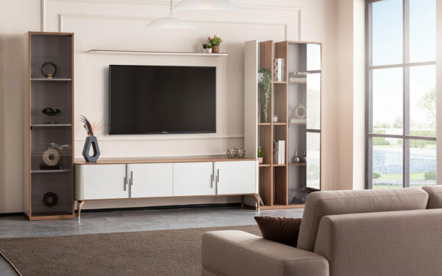 Pared de sala de estar con soporte para TV, estantería de diseño de lujo, conjunto de 4 piezas, muebles modernos nuevos.