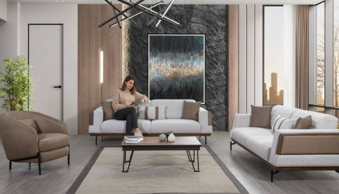 Conjunto de sofás de color gris marrón 3+3+1 plazas + mesa de centro de lujo