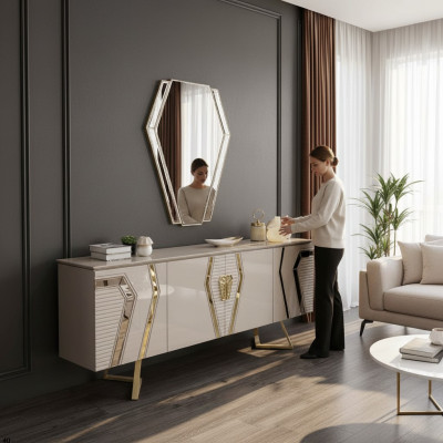 Cómoda de lujo blanco y dorado con espejo, aparador de diseñador de madera.