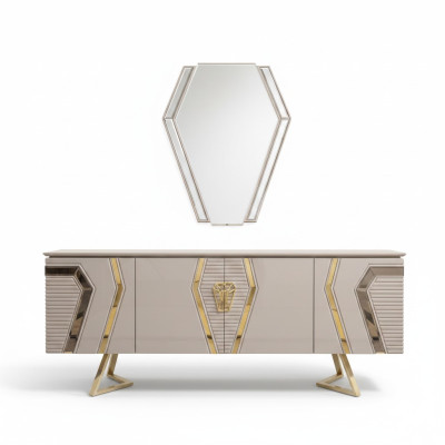 Cómoda de lujo blanco y dorado con espejo, aparador de diseñador de madera.