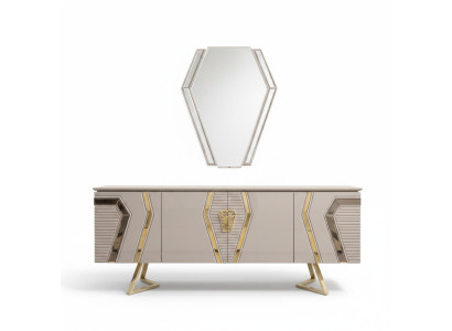 Cómoda de lujo blanco y dorado con espejo, aparador de diseñador de madera.