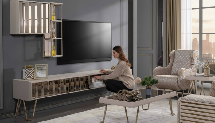 Soporte para TV estante de pared para TV mesa de centro beige metálica moderna conjunto de sala de estar de 3 piezas.