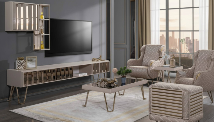 Soporte para TV estante de pared para TV mesa de centro beige metálica moderna conjunto de sala de estar de 3 piezas.