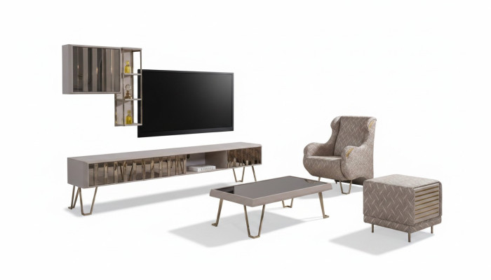 Soporte para TV estante de pared para TV mesa de centro beige metálica moderna conjunto de sala de estar de 3 piezas.