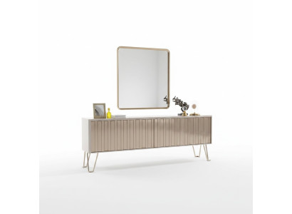Aparador de lujo con espejo elegante en beige, conjunto de diseño moderno de muebles nuevos.