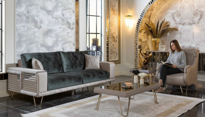 Conjunto de sofás de 3+1 plazas + mesa de centro moderna de tela completa beige.