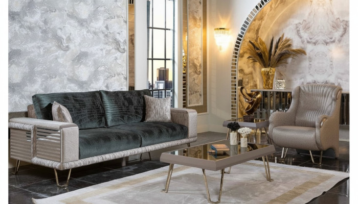 Conjunto de sofás de 3+1 plazas + mesa de centro moderna de tela completa beige.