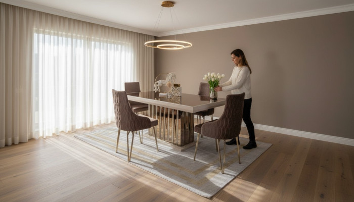 Juego de comedor de lujo Mesa de comedor 4 sillas Silla de metal Textil Conjunto de comedor