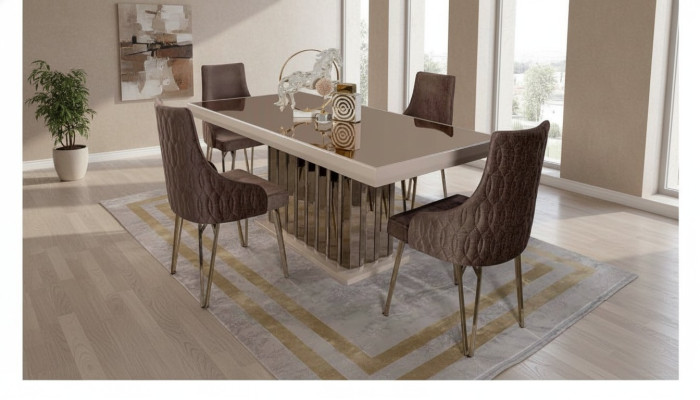 Juego de comedor de lujo Mesa de comedor 4 sillas Silla de metal Textil Conjunto de comedor