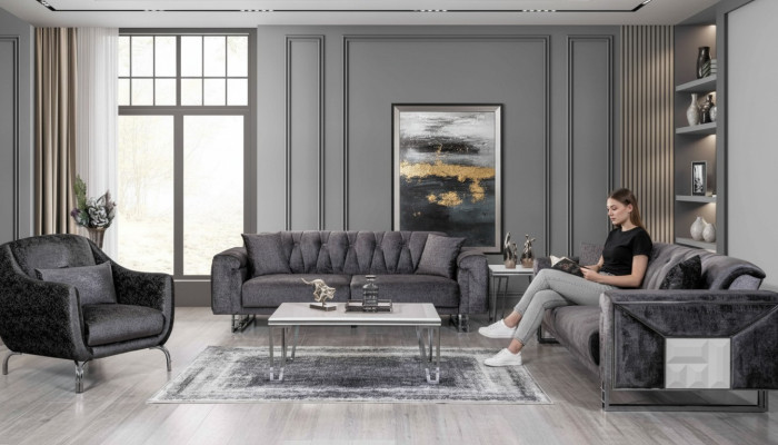 Conjunto de sofás con 3+3+1 asientos Mesa de centro Mesa auxiliar Moderno Negro Completamente nuevo