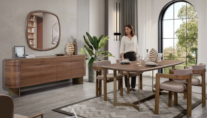 Mesa de comedor Juego de comedor 4 sillas Cómoda Espejo Moderno Conjunto Marrón Grupo de comedor