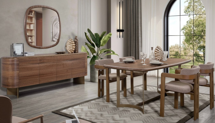 Mesa de comedor Juego de comedor 4 sillas Cómoda Espejo Moderno Conjunto Marrón Grupo de comedor