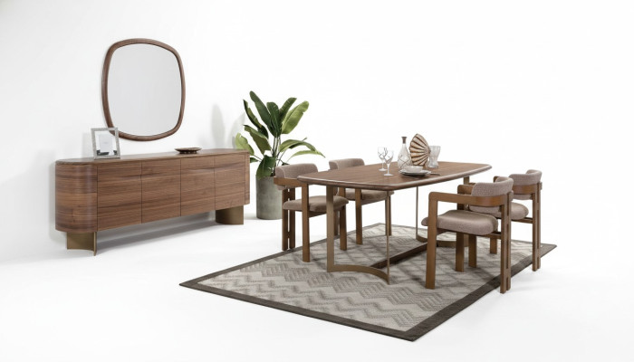 Mesa de comedor Juego de comedor 4 sillas Cómoda Espejo Moderno Conjunto Marrón Grupo de comedor