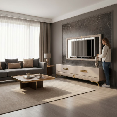 Mueble de salón de pared de madera estilo moderno estantería armario RTV con marco de TV